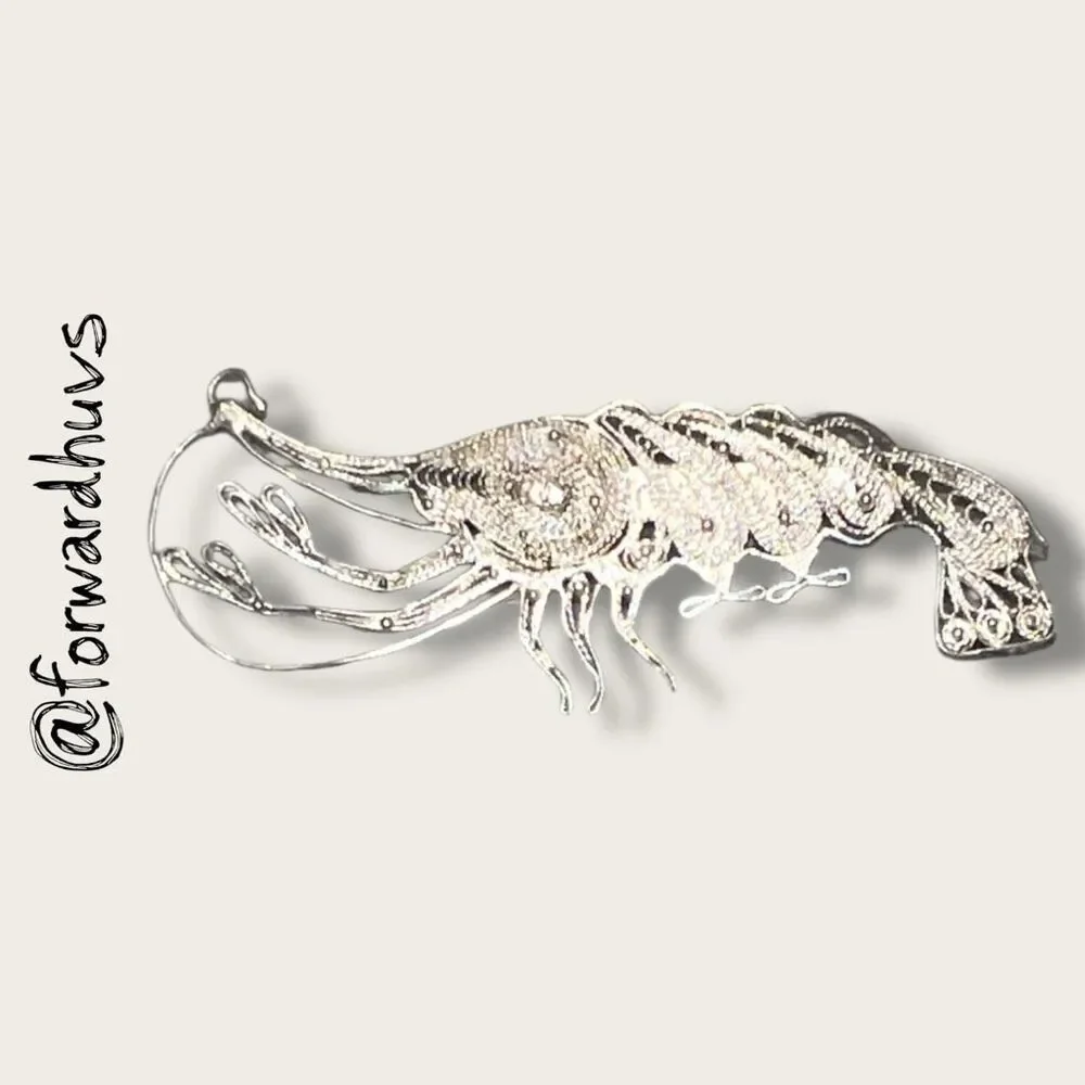 Antique 900 Silver Filigree Shrimp Brooch – Handcrafted – C-Clasp